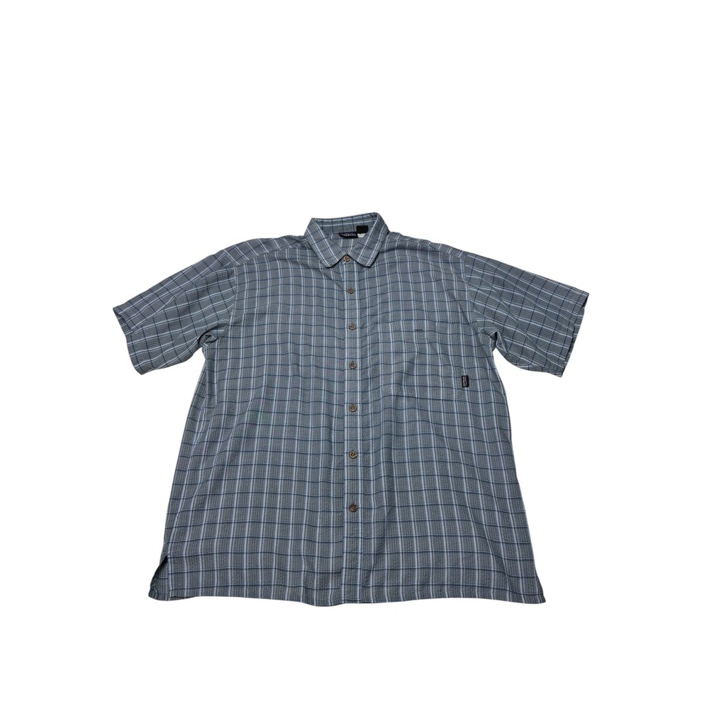 Patagonia Mens Medium Blue Grey Plaid Seersucker Short Sleeve Button Down Shirt